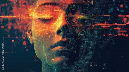 Abstract digital art of a person's face, data streams, and energy, in a futuristic setting