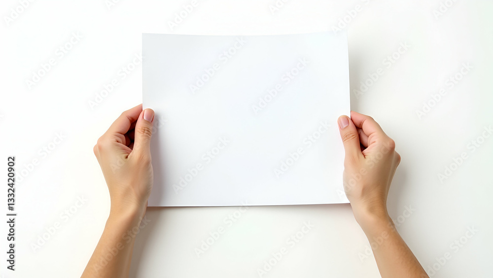 Womans hand holding blank paper in close up isolated on white background symbolizing creativity and potential. concept as A womans hand holds blank paper in close up symbolizing creativity and potenti Womans hand holding blank paper in close up isolated on white background symbolizing creativity and potential. concept as A womans hand holds blank paper in close up symbolizing creativity and potenti