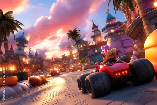 A 3D-rendered image of a vibrant party board game setup, with colorful cards, dice, and characters in an animated, lively atmosphere