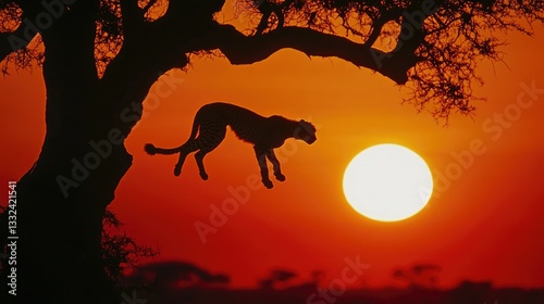 Silhouette of a cheetah descending from a tree against a deep orange African sunset.