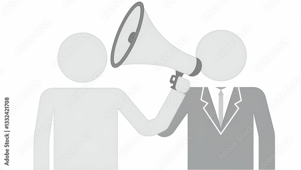 Flat Vector Illustration of a Business Person in Suit Holding a Megaphone with Obscured Face on White Background - Emphasizing Anonymity and Powerful Messaging in a Cute, Smart Design Flat Vector Illustration of a Business Person in Suit Holding a Megaphone with Obscured Face on White Background - Emphasizing Anonymity and Powerful Messaging in a Cute, Smart Design