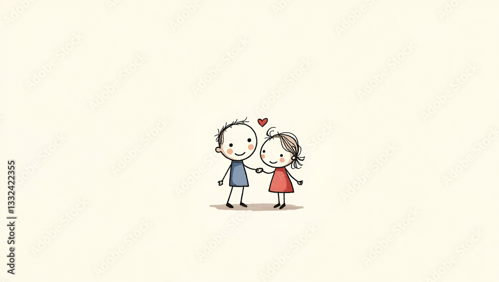 Cute Cartoon Line Drawing of Affectionate Couple in Love Cute Cartoon Line Drawing of Affectionate Couple in Love