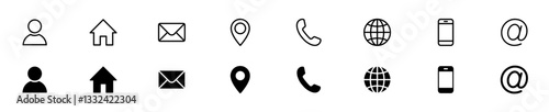 Contact icon set. Telephone, mail, address, web, user, home, location icons.