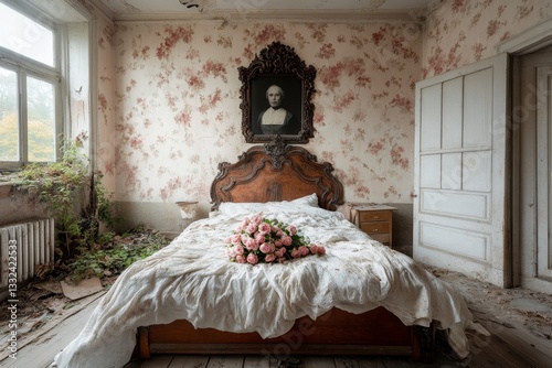A bedroom with tattered wallpaper and a portrait of a stern-faced ancestor, whose eyes seem to follow the viewer