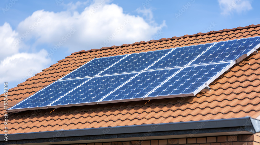 Solar panels on roof under blue sky with clouds, showcasing renewable energy Solar panels on roof under blue sky with clouds, showcasing renewable energy