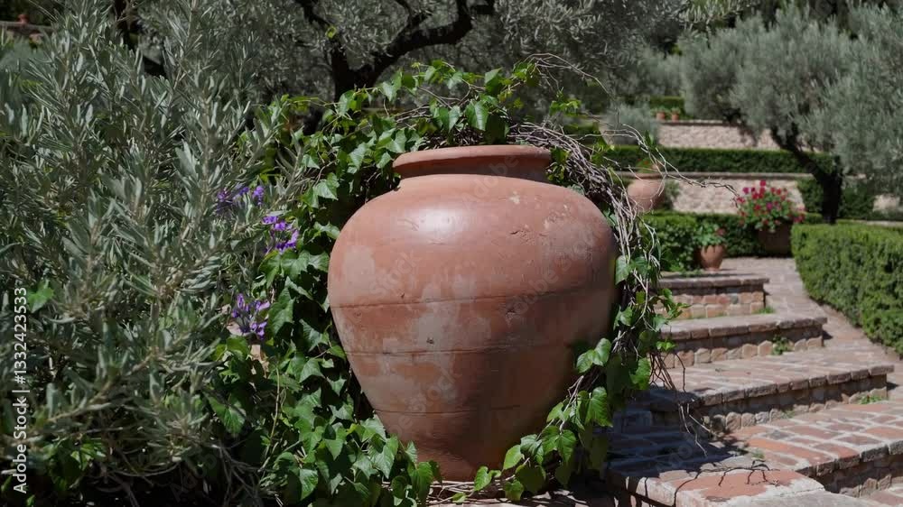 Charming Mediterranean Garden with Olive Trees and Decorative Clay Pot Charming Mediterranean Garden with Olive Trees and Decorative Clay Pot
