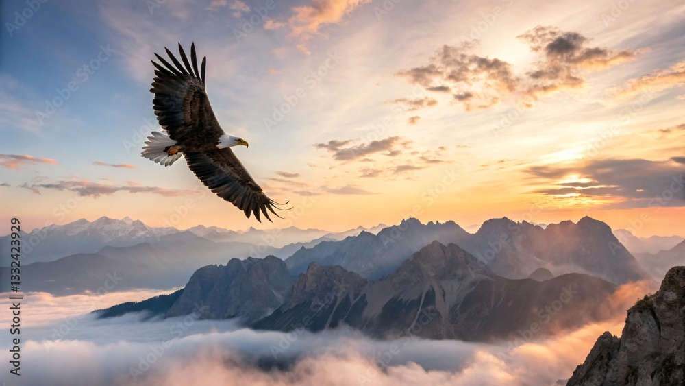 Fototapeta premium Bald Eagle Soaring Over Misty Mountains