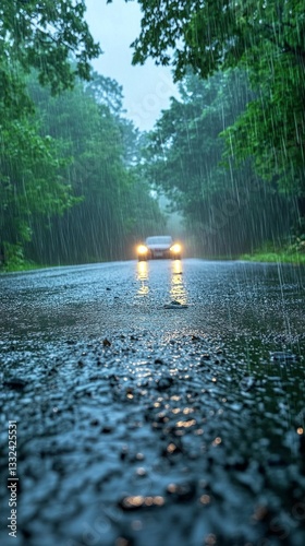 Amidst a heavy rainstorm, a quiet road is transformed into a shimmering stream. The sound of raindrops echoes, while headlights break through the thick mist, creating an enchanting atmosphere