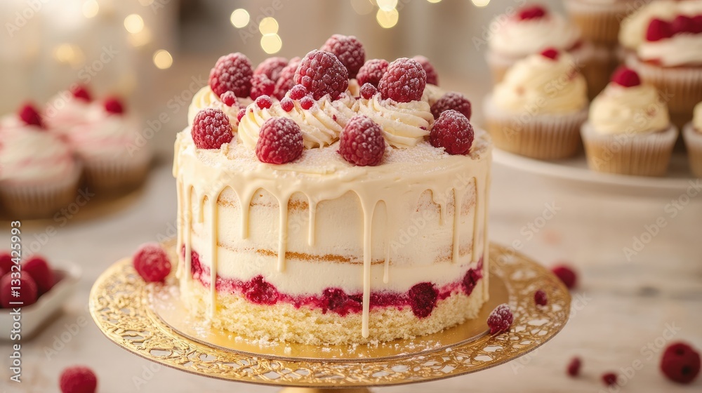 Vanilla birthday cake with raspberry toppings crumbling on gold doily with cupcakes in background