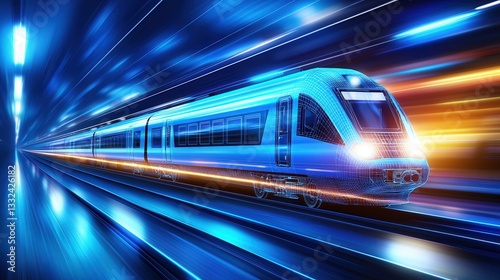 A high speed technologically advanced train blurring through the frame showcasing the power and momentum of modern transportation