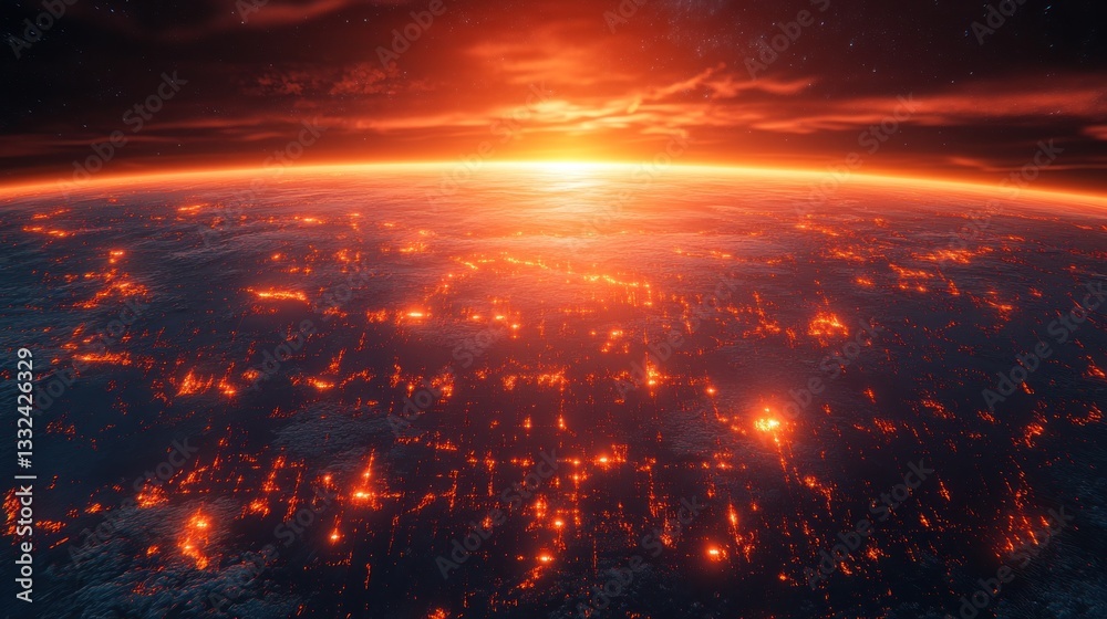 Obraz premium Fiery sunset over planet Earth, showing city lights and atmospheric glow.