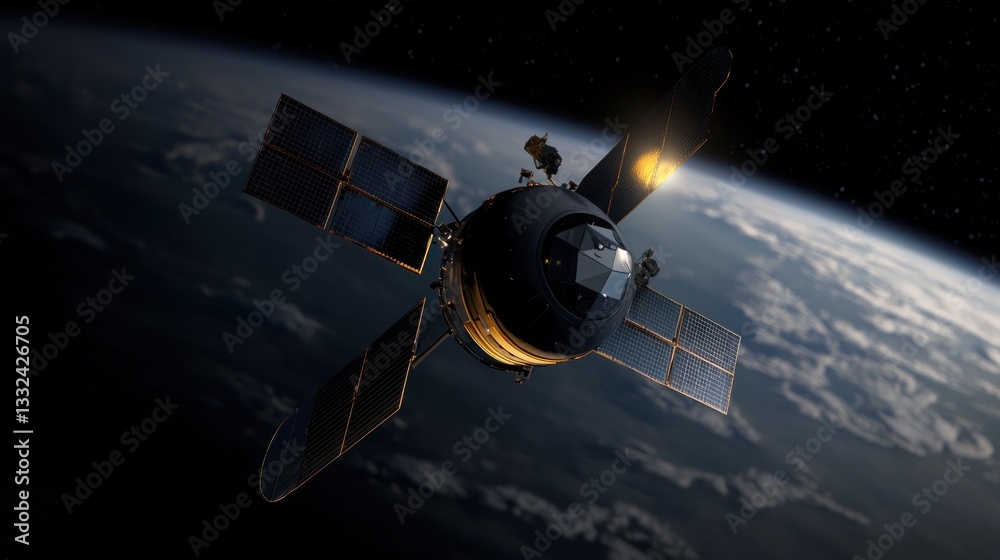 Fototapeta premium Spacecraft orbiting Earth, night view, solar panels deployed, distant planet visible
