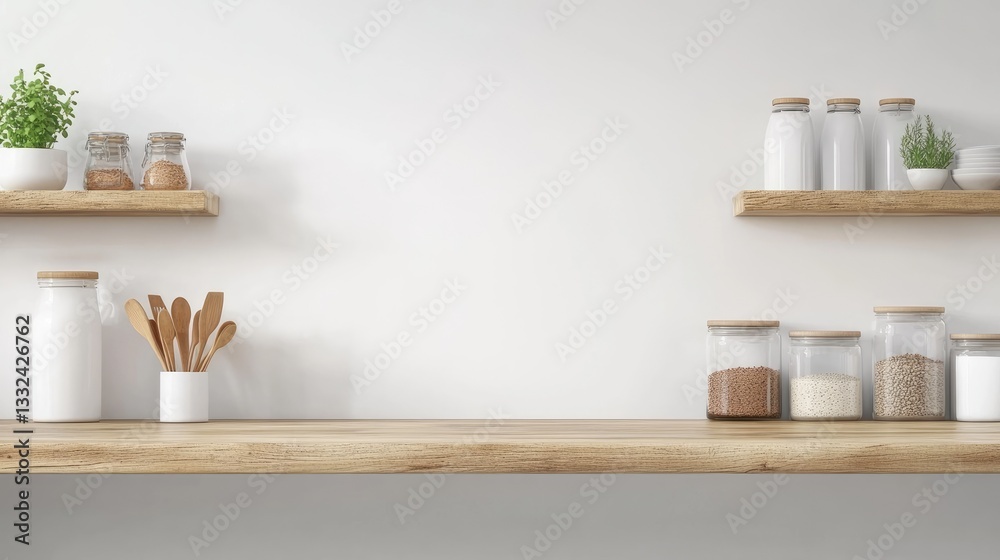 Obraz premium White wooden table and wall in kitchen, Wooden shelf, counter for displaying food and products, White desk top banner mockup.