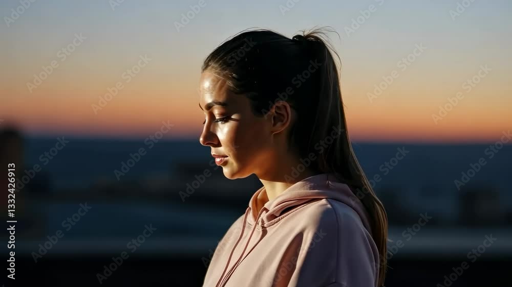 Pensive woman reflecting at sunset in urban setting Pensive woman reflecting at sunset in urban setting