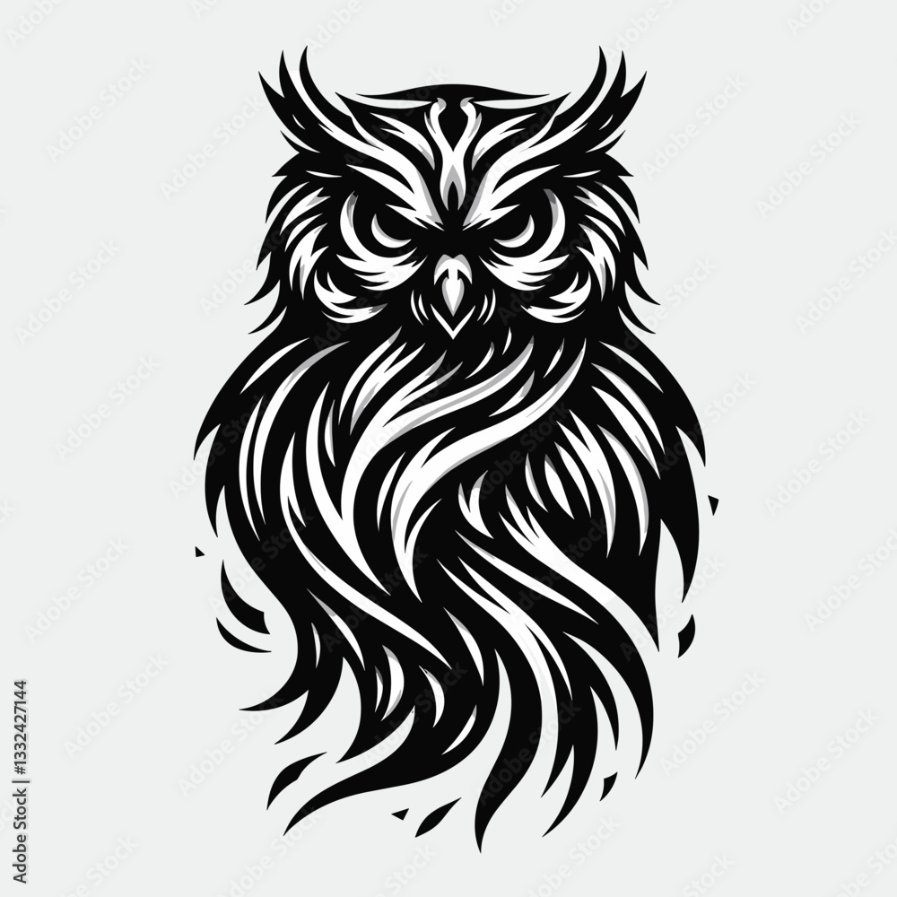 Fototapeta premium Mystical spirit owl in tribal style black and white for tattoo art and t-shirt prints