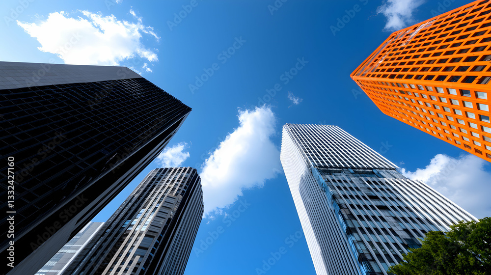 Low Angle View of Modern Skyscrapers Against Blue Sky Low Angle View of Modern Skyscrapers Against Blue Sky