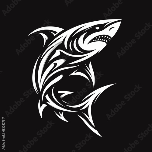 Fierce Great White Shark in Tribal Style Black and White Against Dark Background for  T-Shirt Prints