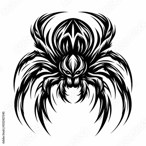 Menacling spider in tribal style on white background for tattoos and t-shirt prints