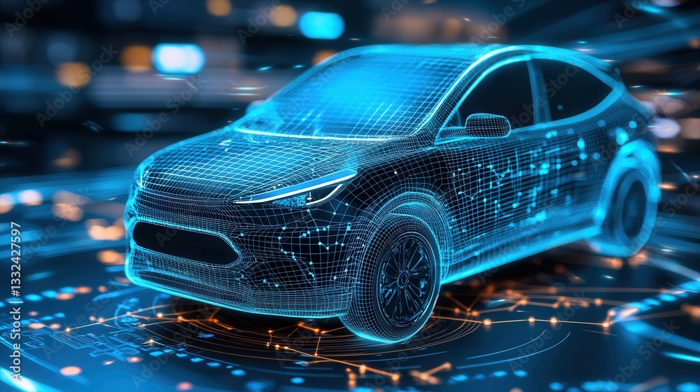 A digital wireframe rendering of a sleek futuristic electric vehicle prototype surrounded by a vibrant grid of luminous lines and energy flows