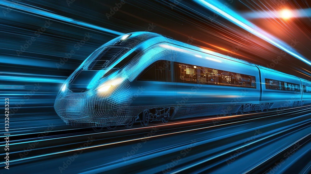 A futuristic high speed train speeding through a blue lit environment capturing the dynamic motion and advanced technological progress of modern transportation systems A futuristic high speed train speeding through a blue lit environment capturing the dynamic motion and advanced technological progress of modern transportation systems