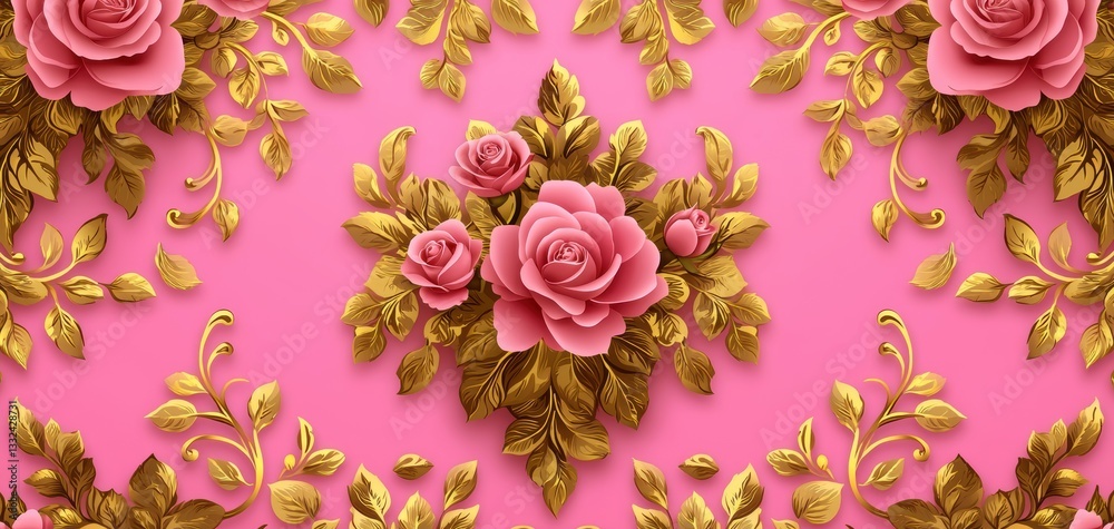 Fototapeta A vibrant pink background adorned with intricate golden floral patterns and pink roses, creating an elegant and decorative design.