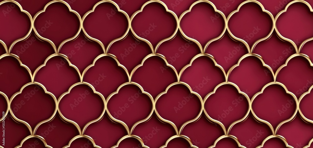 Fototapeta premium A decorative pattern featuring gold outlines against a rich red background, showcasing intricate geometric designs.