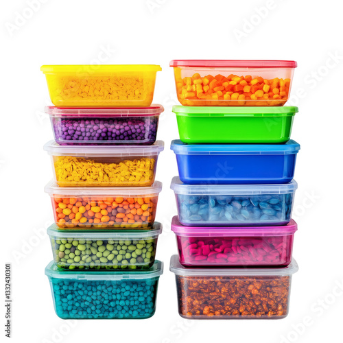 A stack of colorful plastic containers filled with small vibrant-colored beads and tiny toys on transparent background photo