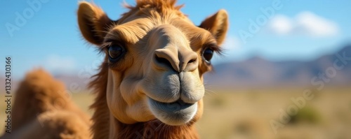 Close-up shot of brown camel with expressive eyes, single, Arabian, Arabian camel