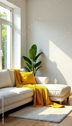 Bright living room, white walls, yellow throw, green plants , yellow, home, minimalist design