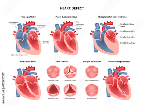 Heart defect. Medical illustration of atrial and ventricular septal defects, tetralogy of Fallot, patent ductus arteriosus, hypoplastic left heart syndrome, valves stenosis. Vector illustration