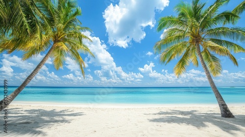 Luxurious tropical landscape. White sand with palm trees and azure sea. A heavenly place to relax. Beautiful exotic summer beach background for design. 