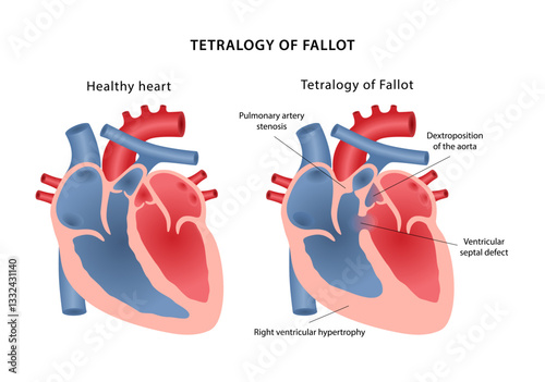 Tetralogy of Fallot, cardiac anomalies: pulmonary artery stenosis; ventricular septal defect; dextroposition of the aorta; right ventricular hypertrophy. Vector illustration in flat style