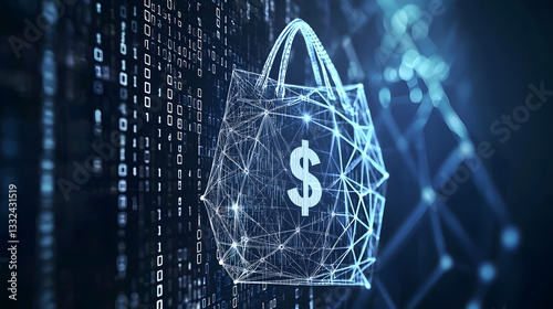 A digital money bag overlaid with binary code, symbolizing the security and encryption of online financial transactions.

