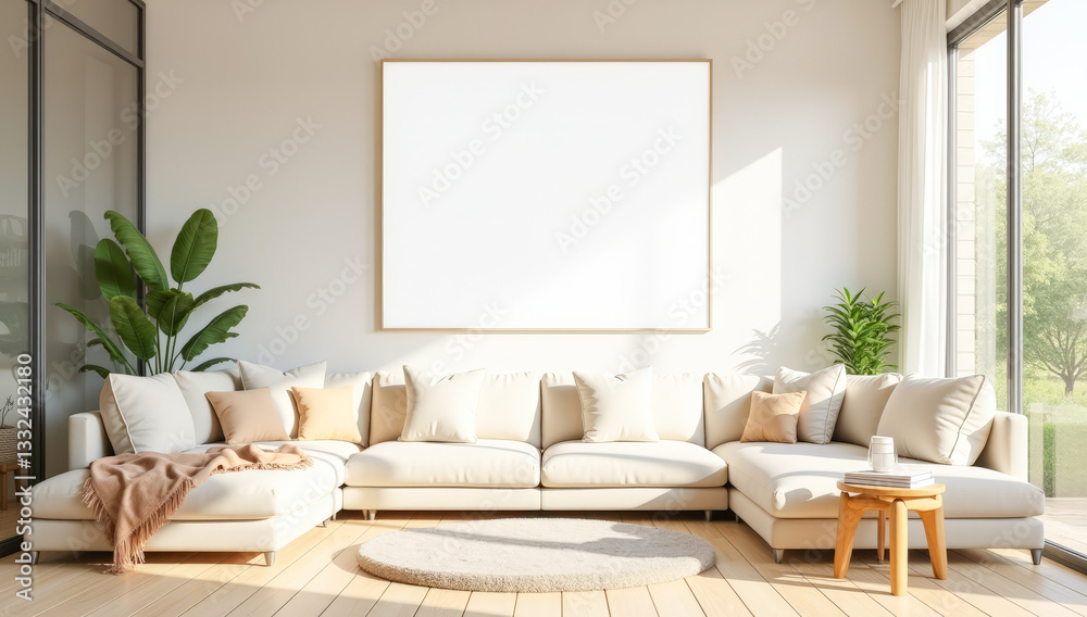 Fototapeta premium a minimalist living room with an empty white wall