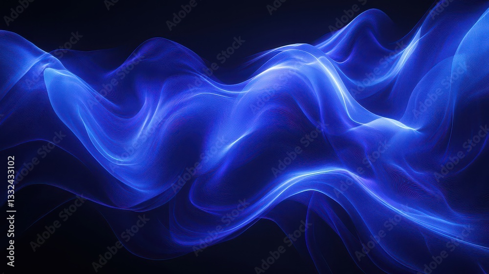 Abstract ethereal waves in radiant blue hues smoothly drifting in a dark cosmic expanse. Mesmerizing, futuristic design.