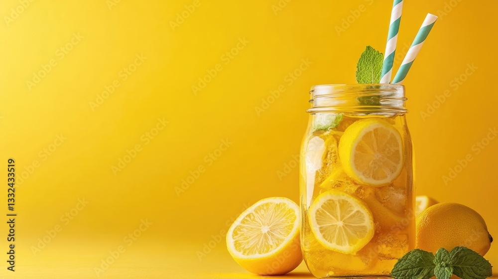 Fototapeta premium Refreshing Lemon Tea Summer Beverage with Yellow and Mint Background, Text Space