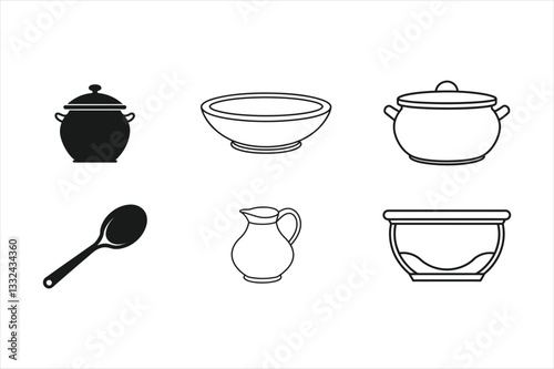 set of coffee cups vector illustration, stainless steel spoon,set of clay pots,ceramic vases,black cup isolated on white background ,white jug line art, Ceramic Vases Vector | Home Decor and Pottery.