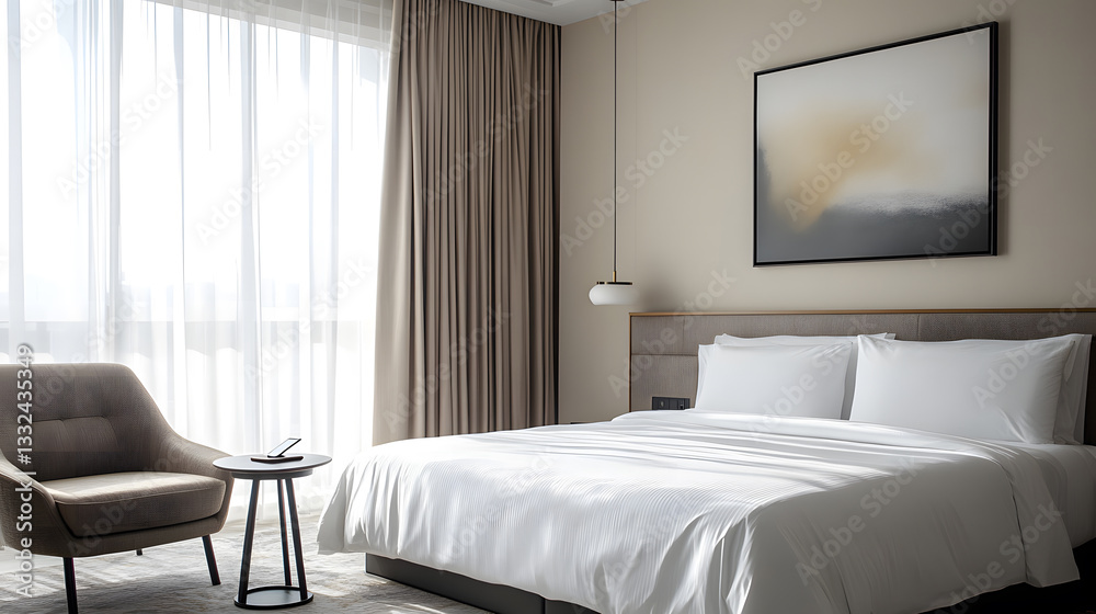 Modern Hotel Room with King Size Bed, Large Window, and Minimalist Decor Modern Hotel Room with King Size Bed, Large Window, and Minimalist Decor