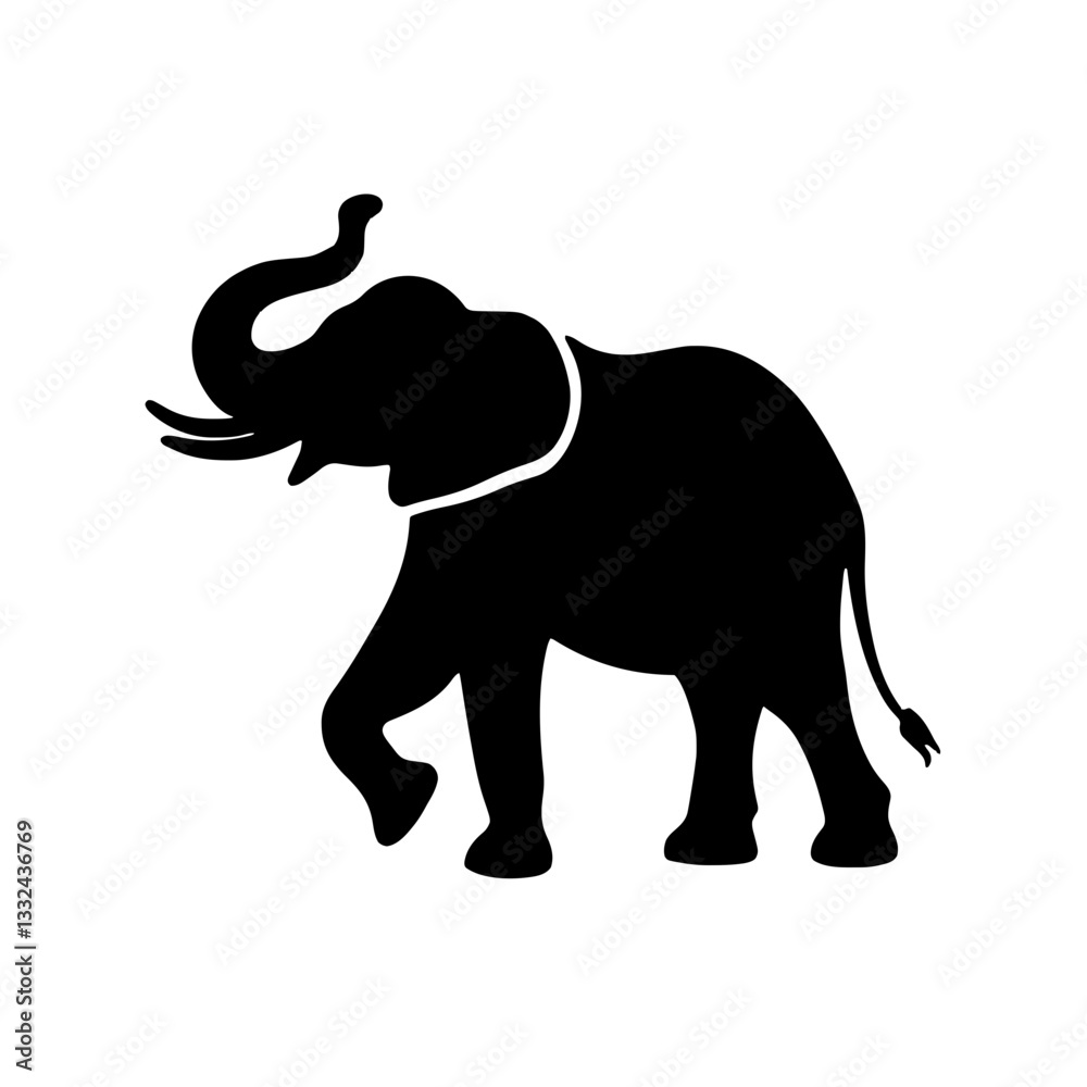 Minimalist black silhouette of an elephant with raised trunk symbolizing wisdom and power Minimalist black silhouette of an elephant with raised trunk symbolizing wisdom and power