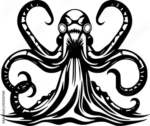 Kraken Tentacle Monochrome Black and White Mythical Sea Monster Illustration Art Graphic Design Vector Underwater Creature Decorative Print Digital Commercial License