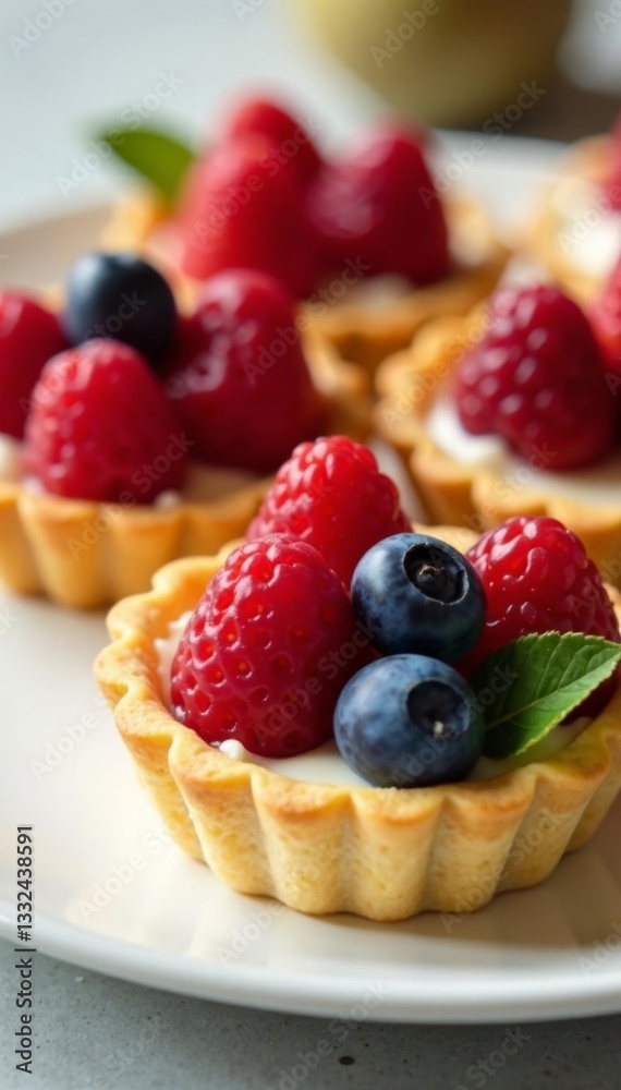 Close-up of assorted fruit tarts on a white plate, food, tasty, blueberries Close-up of assorted fruit tarts on a white plate, food, tasty, blueberries