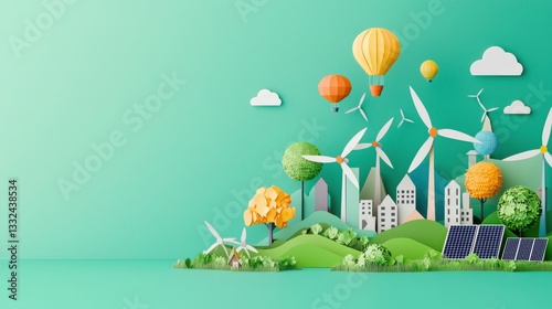 A paper-art style cityscape with wind turbines and solar panels in the foreground