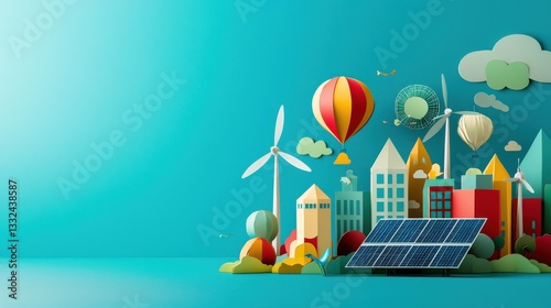 A paper-art style cityscape with wind turbines and solar panels in the foreground