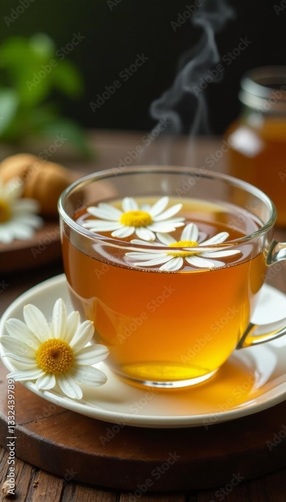 Close-up of a steaming cup of chamomile herbal tea with flowers and honey, cup, steaming, honey Close-up of a steaming cup of chamomile herbal tea with flowers and honey, cup, steaming, honey