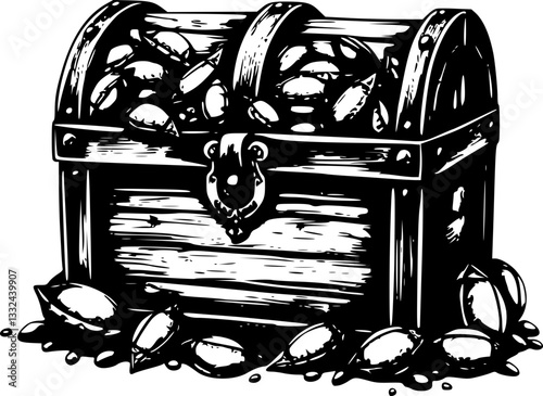 Treasure chest with barnacles monochrome black and white illustration vintage pirate treasure chest underwater seaweed coral rustic weathered old pirate treasure barnacle encrusted chest seafood ocean