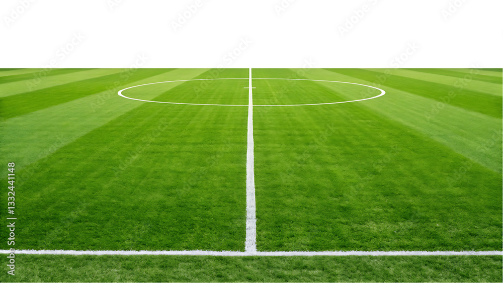 Obraz premium Green soccer field with white lines, isolated on white background.