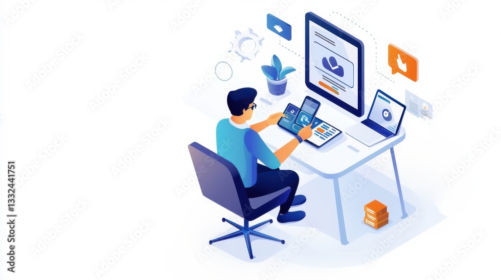 Fototapeta premium Man Working at Desk with Mobile Devices and Digital Interfaces