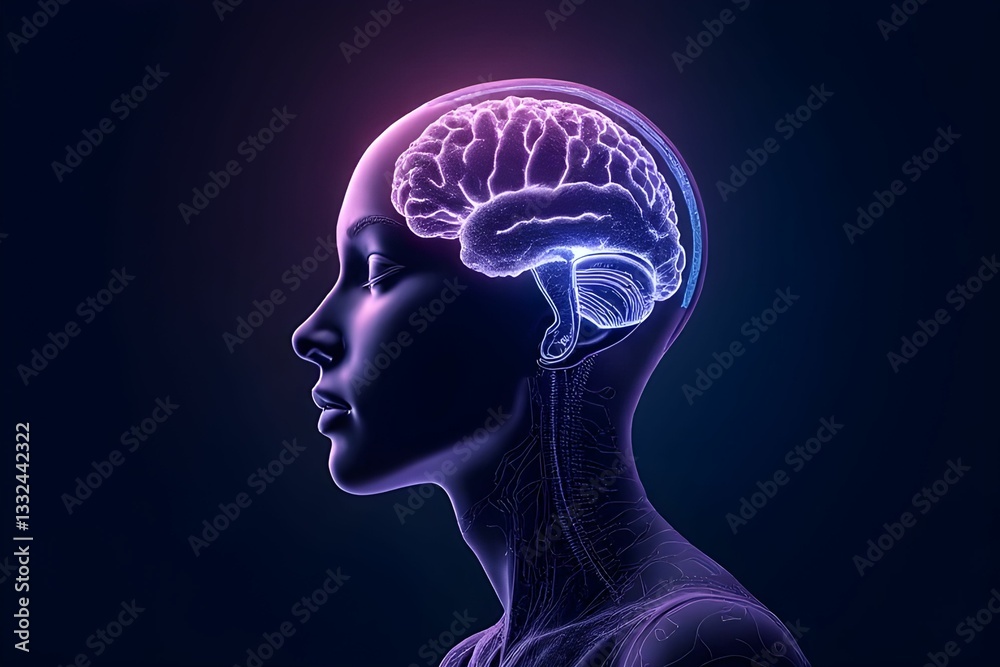 Obraz premium Human head with brain. AI robot. Artificial intelligence concept. Digital technology. Meditation for healing. Mental health concept