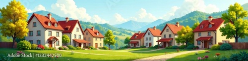 Wallpaper Mural Charming townscape with houses and trees in seamless design, landscape, design, town Torontodigital.ca