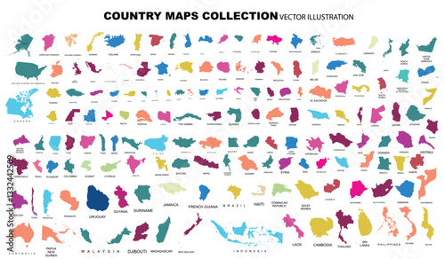Complete Countries Map of the World Perfect Icons . Every single country map are listed and isolated with names.